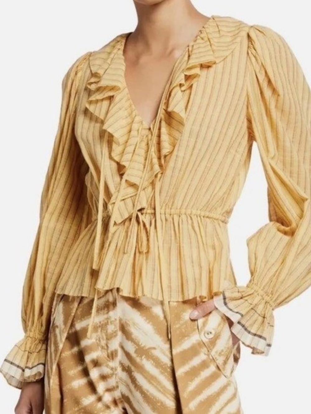 Ulla Johnson Kalila Striped Ruffle Front Blouse Wheat Yellow Size 2